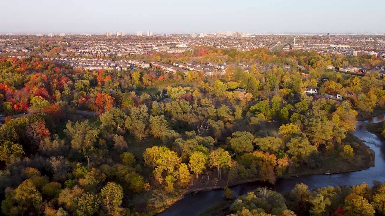 중간에 강이 있는 공원의 공중 가을 전망