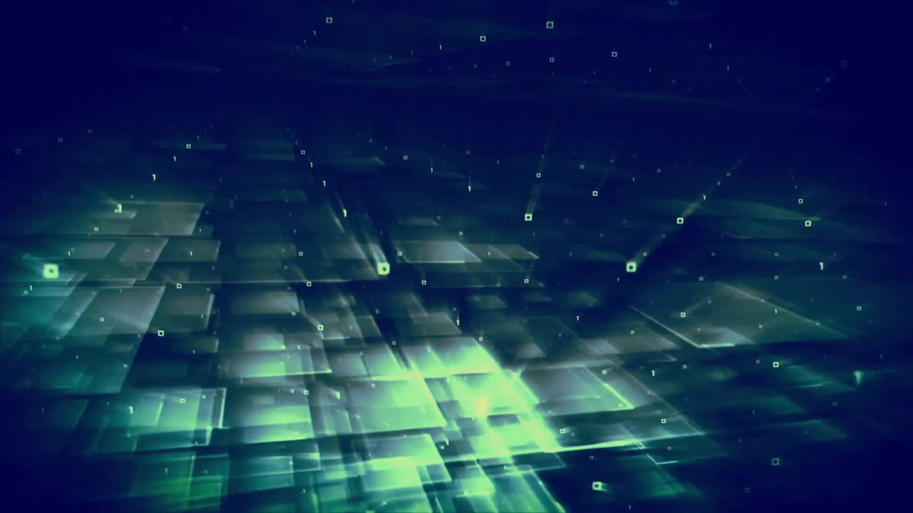 Animazione di griglia digitale ed elaborazione dati su sfondo scuro con quadrati luminosi