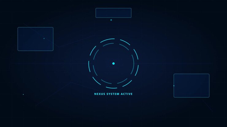 Antarmuka Digital Futuristik dengan HUD Melingkar Berputar dan Teks Aktif Sistem Nexus