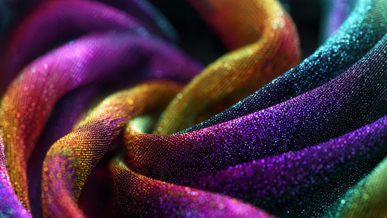 A Stunning Close-Up of Colorful Fabric Textures, Capturing the Intricate Patterns and Sparkling Details of Vibrant Material with Flowing Waves of Color and Light Reflection