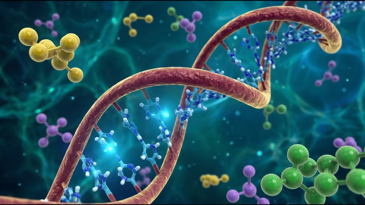 Close-up 3D animation of DNA strands intertwining