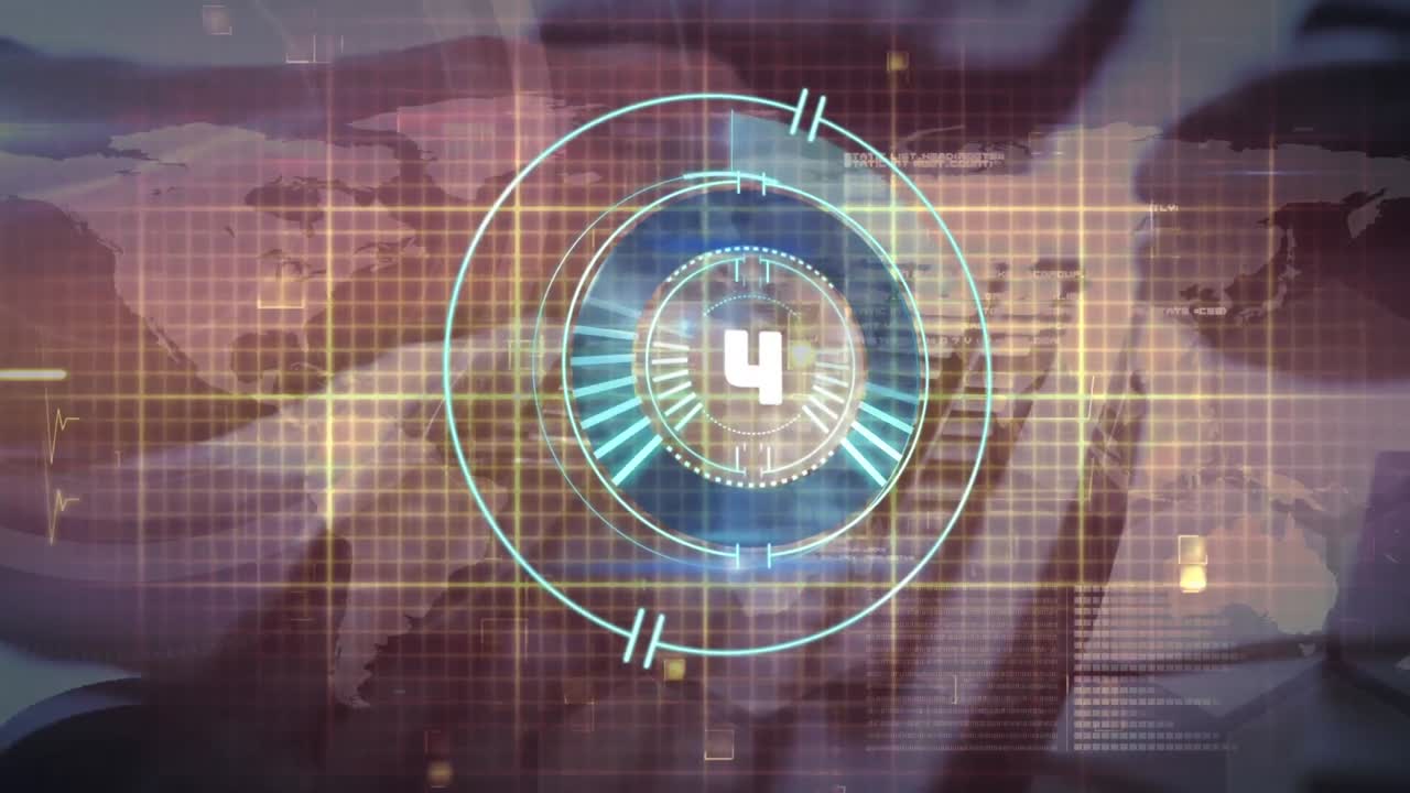 animación del reloj sobre el monitor de frecuencia cardíaca y el mapa del mundo