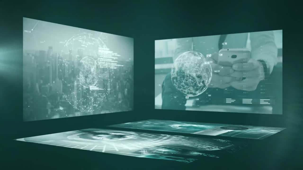 초록색 배경에 대한 빛의 점 위에 데이터 처리를 가진 여러 화면의 애니메이션