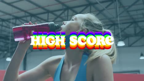 animation of words high score flashing over caucasian woman wearing face mask working out