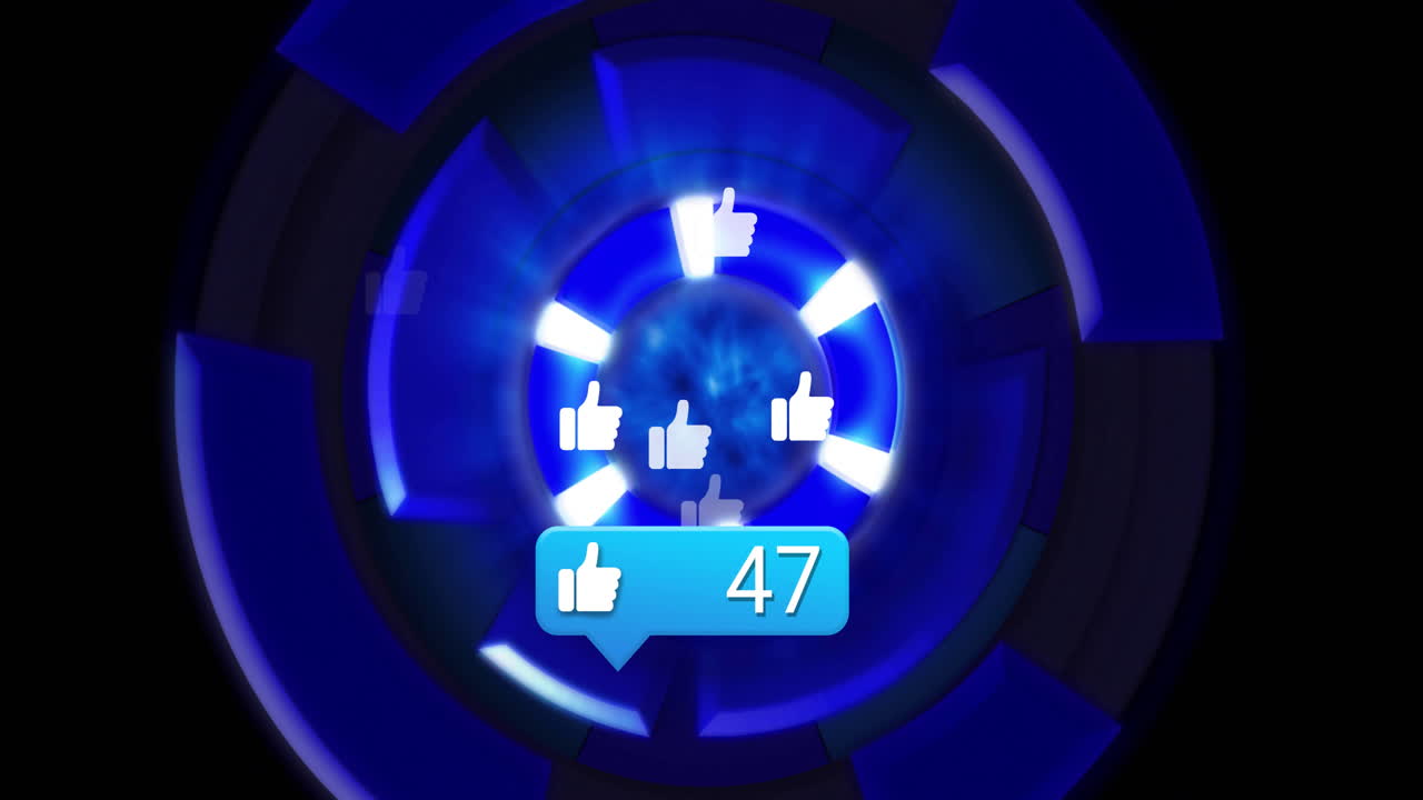 엄지손가락을 위로하는 아이콘과 파란색 원형 애니메이션 배경 위에 38 텍스트