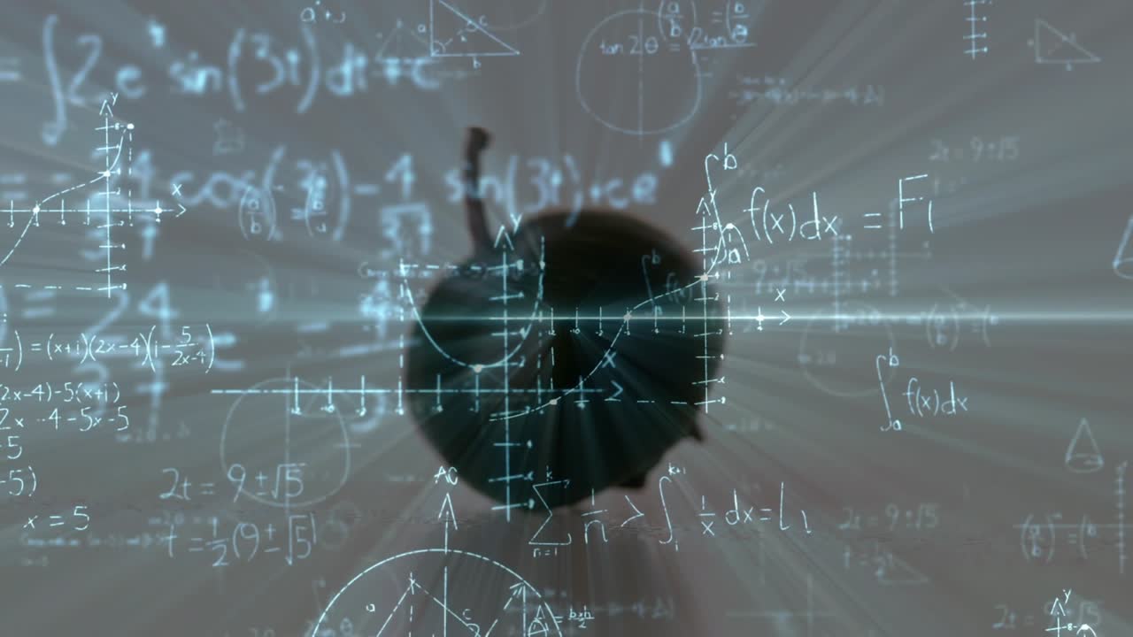 Animation of mathematical equations over blueberry on white background