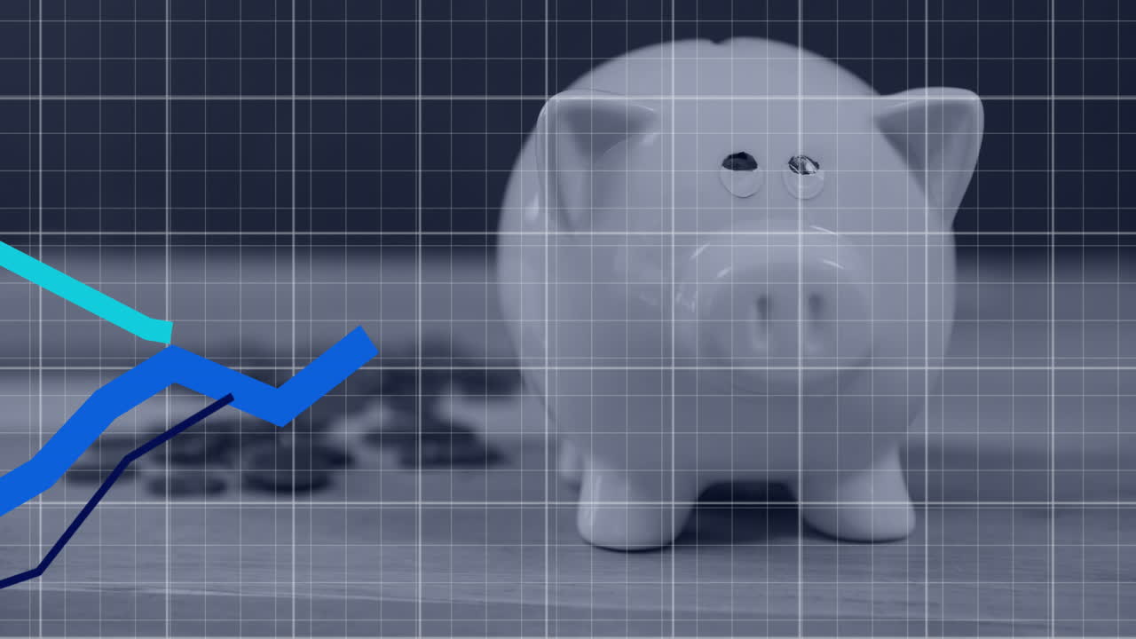 Animation af finansiel databehandling over sparegris og mønter