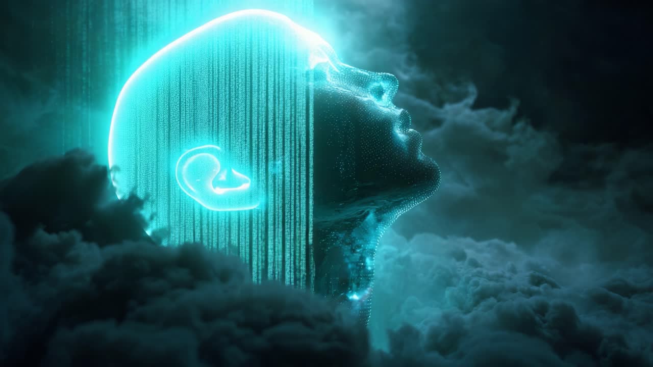 Ethereal Representation of a Digital Head Emerging from a Cloudy Abyss, Surrounded by Glowing Data Streams Symbolizing the Connection between Human Consciousness and Technology in a Futuristic Realm