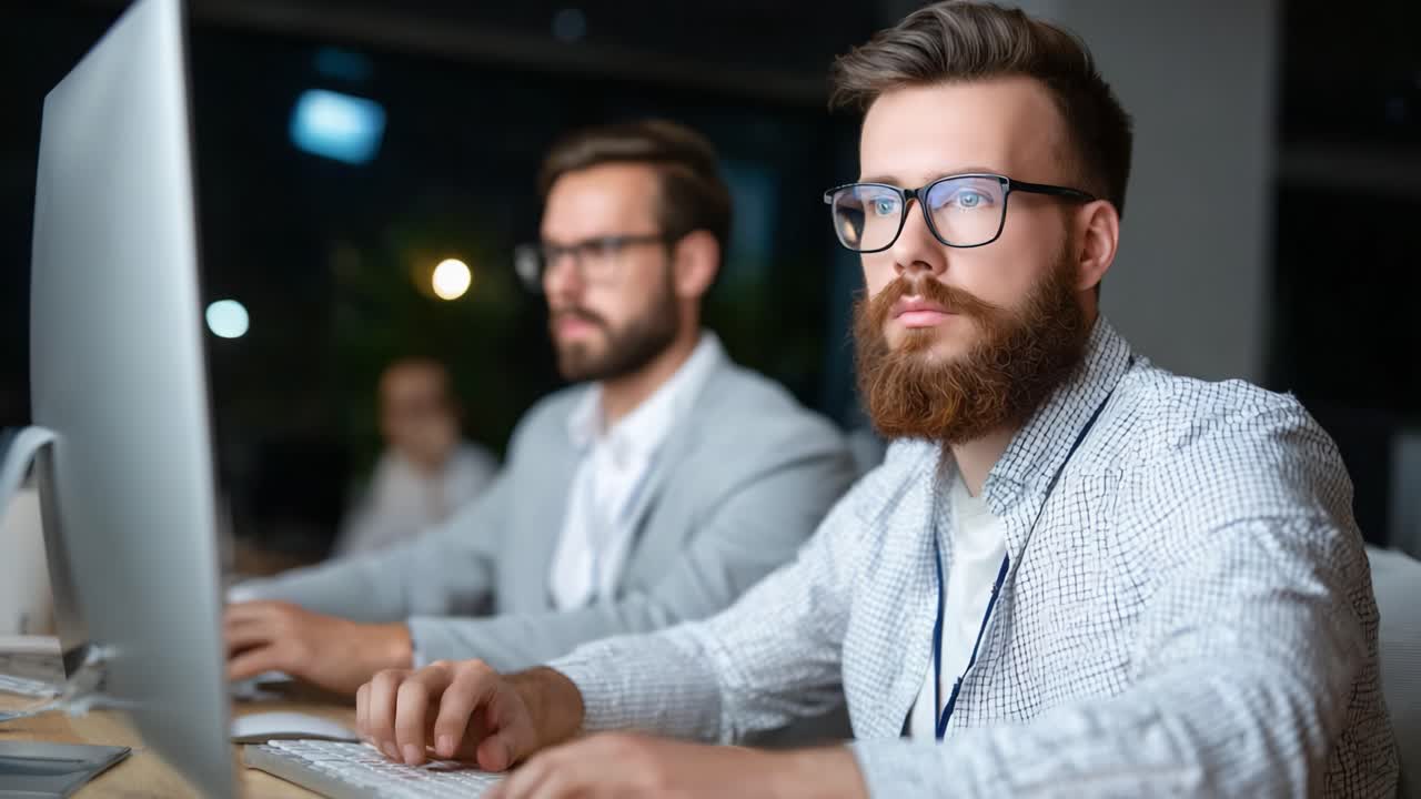 Focused on Work: Two Professionals Engaged in Evening Tasks at Their Computers in a Modern Workspace, Highlighting Concentration and Collaboration in a Tech Environment
