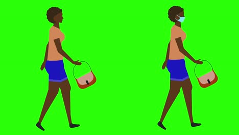 women walking cycle seamless loop , face mask version, green screen chroma key animation, flat design