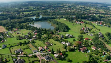 Aerial-drone-shot-of-a-lakes-by-the-forests-and-fields-during-summer