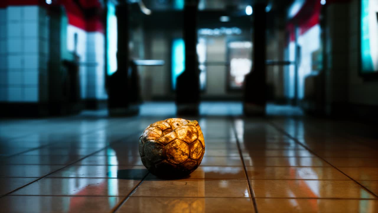 vecchia palla da calcio in una metropolitana vuota