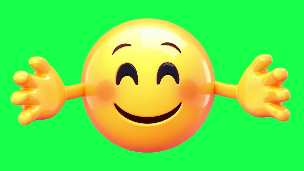Smiling emoji with open arms animation, transparent 4K video, green screen