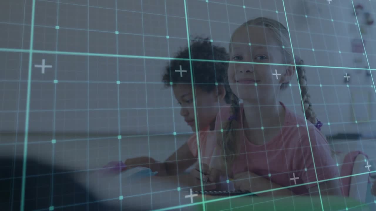 Two classmates writing in classroom notebooks, digital grid appearing, student raising head smiling