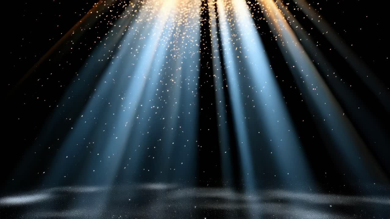 Scena video eterea con fasci di luce che scendono dall'alto, proiettando un bagliore mistico.
