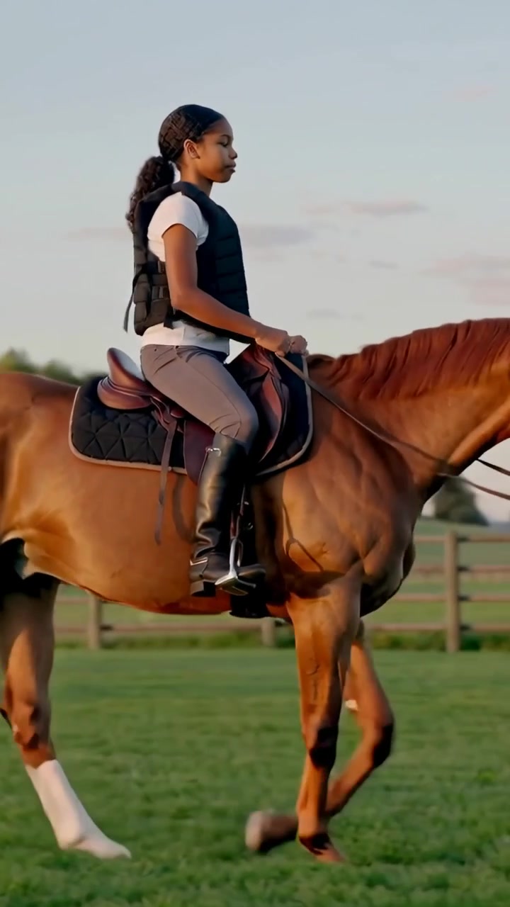 Video verticale: Entrando nell'arena, un cavaliere adolescente trotta un cavallo sauro per il riscaldamento, indossando un gilet e stivali.