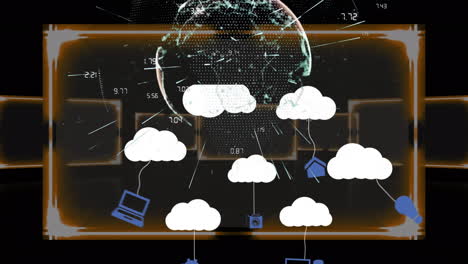 animation of data processing over globe and clouds icons on dark background