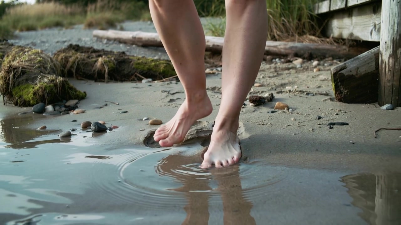 Stepping woman shifting weight, toes brushing water by pier at shore, wearing shorts while walking