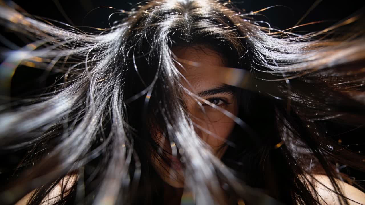 Hoofd draaiend, vrouw met lang donker haar onthult haar gezicht en zoekt contact met de camera in een studio.