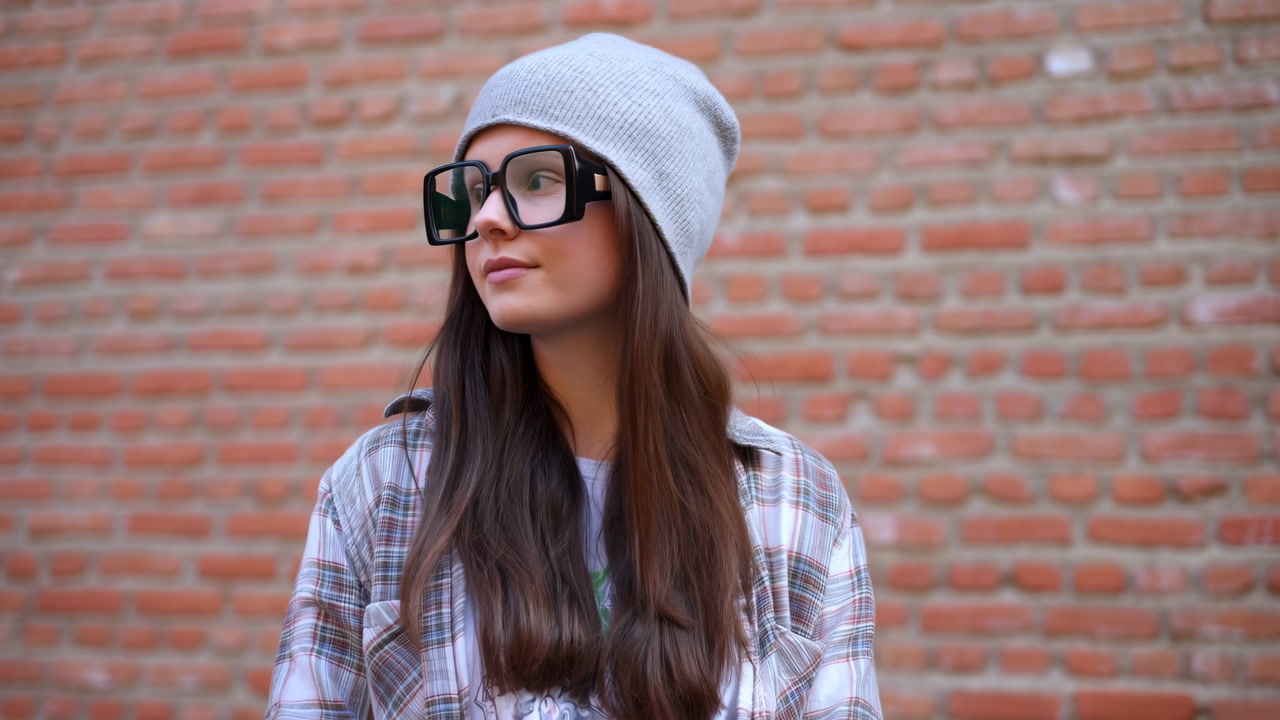 Young Woman In Beanie And Glasses Standing Against Brick Wall, Wearing Plaid Shirt And Oversized Frames, Long