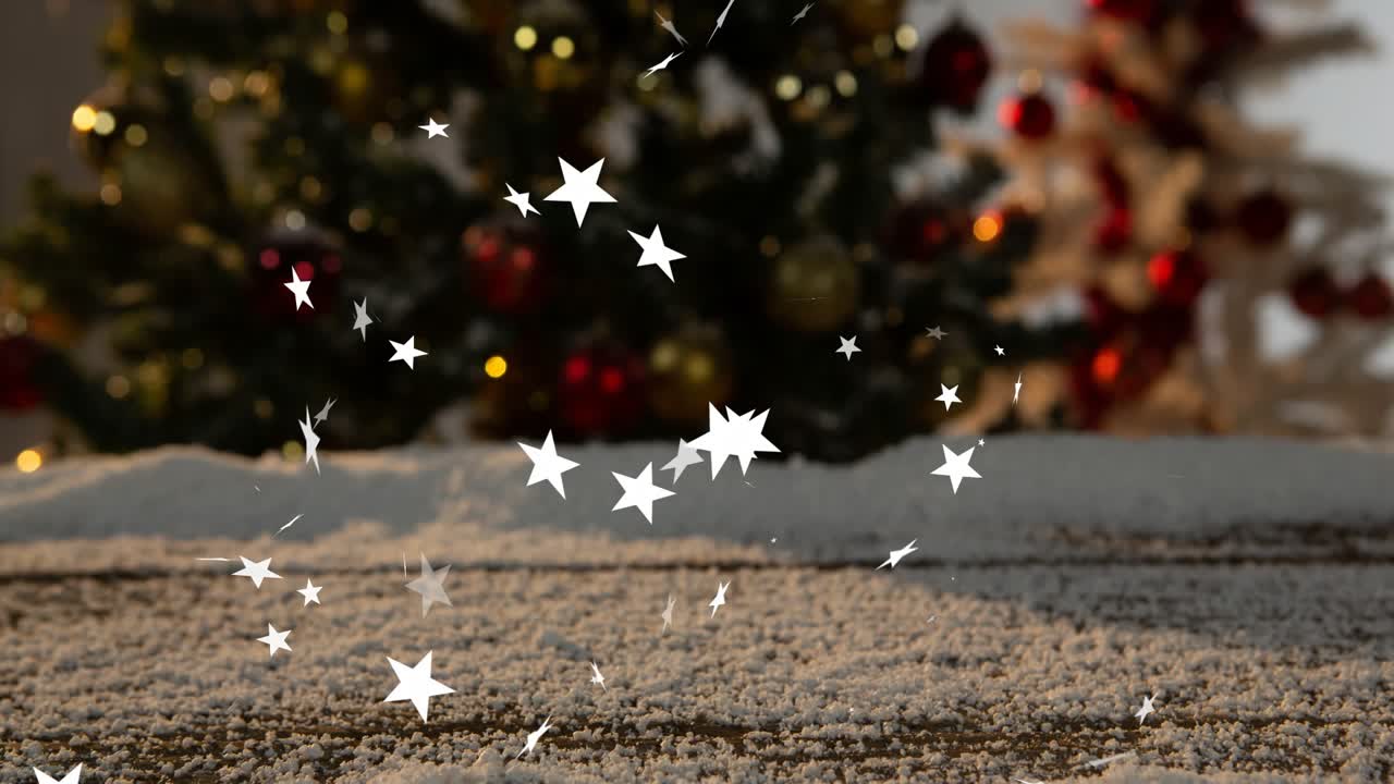 Snowy tabletop sending star confetti swirling upward as LEVEL UP text emerging showing holiday joy