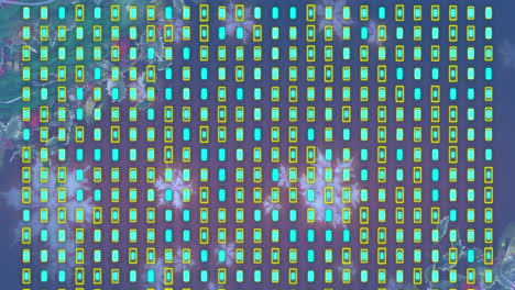 animación de filas de círculos giratorios sobre pantallas digitales