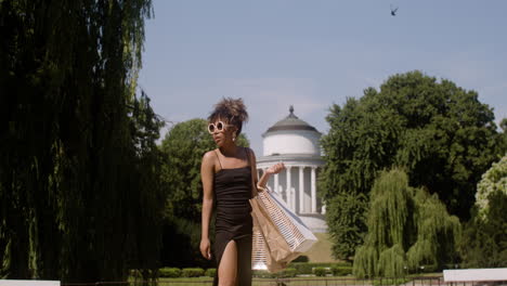 side view of elegant african woman walking in the park