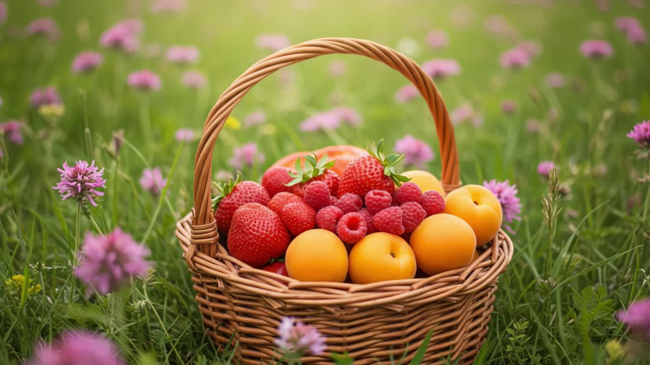 En smuk pilefletkurv fyldt med friskplukkede jordbær, hindbær og abrikoser mod en frodig grøn eng med livlige forårsblomster