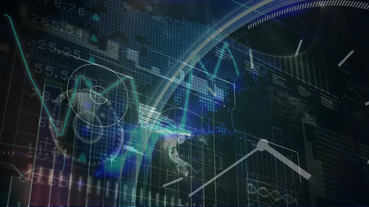 In school, child watching animation of futuristic digital interface with graphs