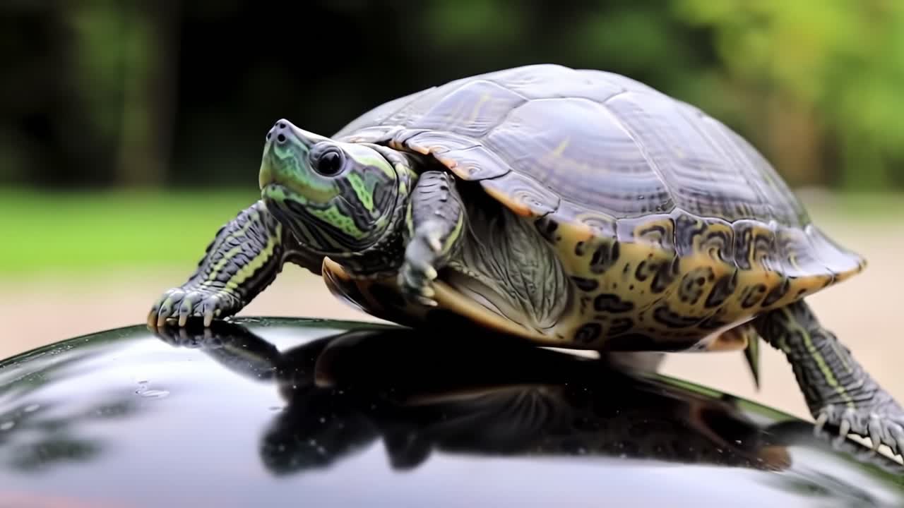 A Curious Turtle Exploring Its Surroundings, Highlighting the Intricacies of Its Shell and the Beauty of Nature in the Background