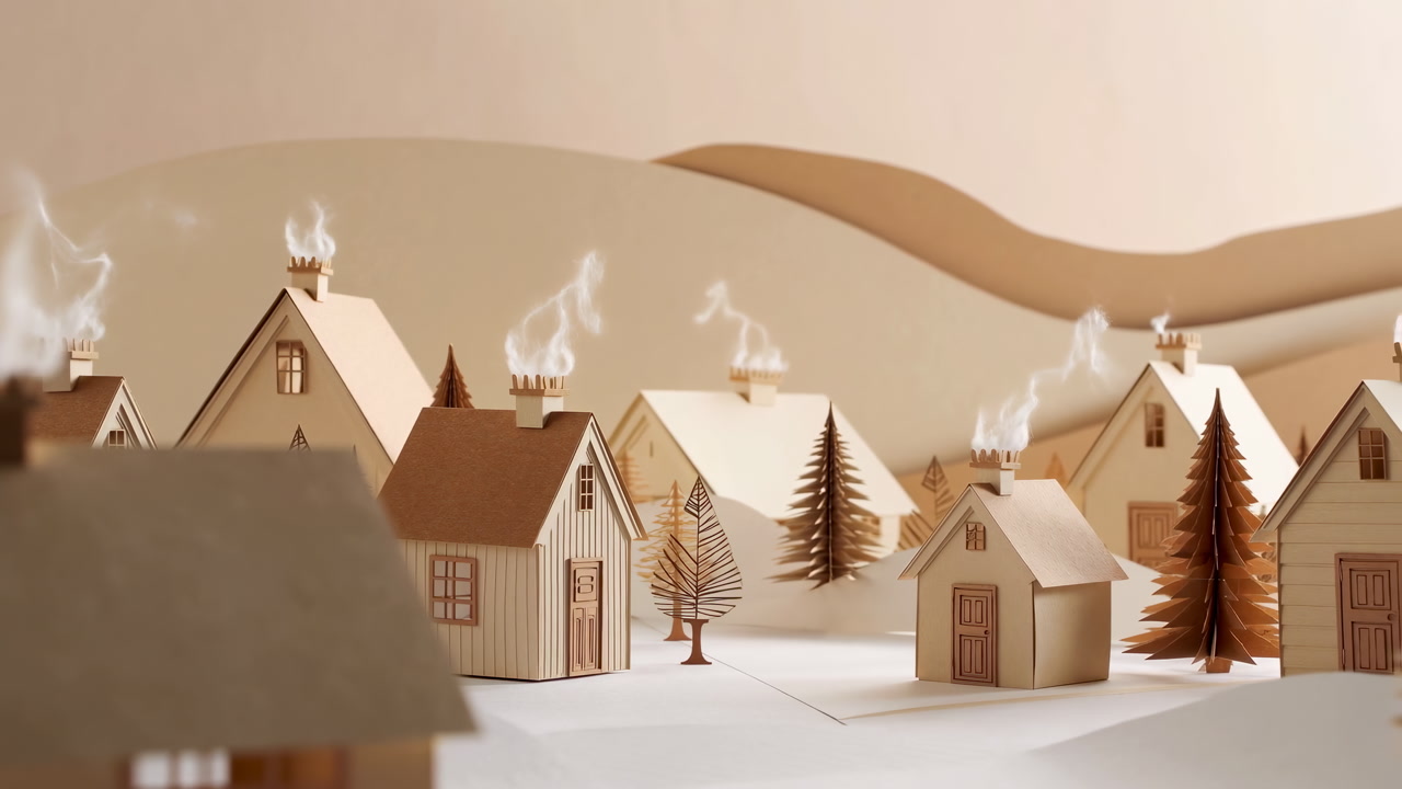 Cozy Paper Craft Winter Village with Smoke from Chimneys