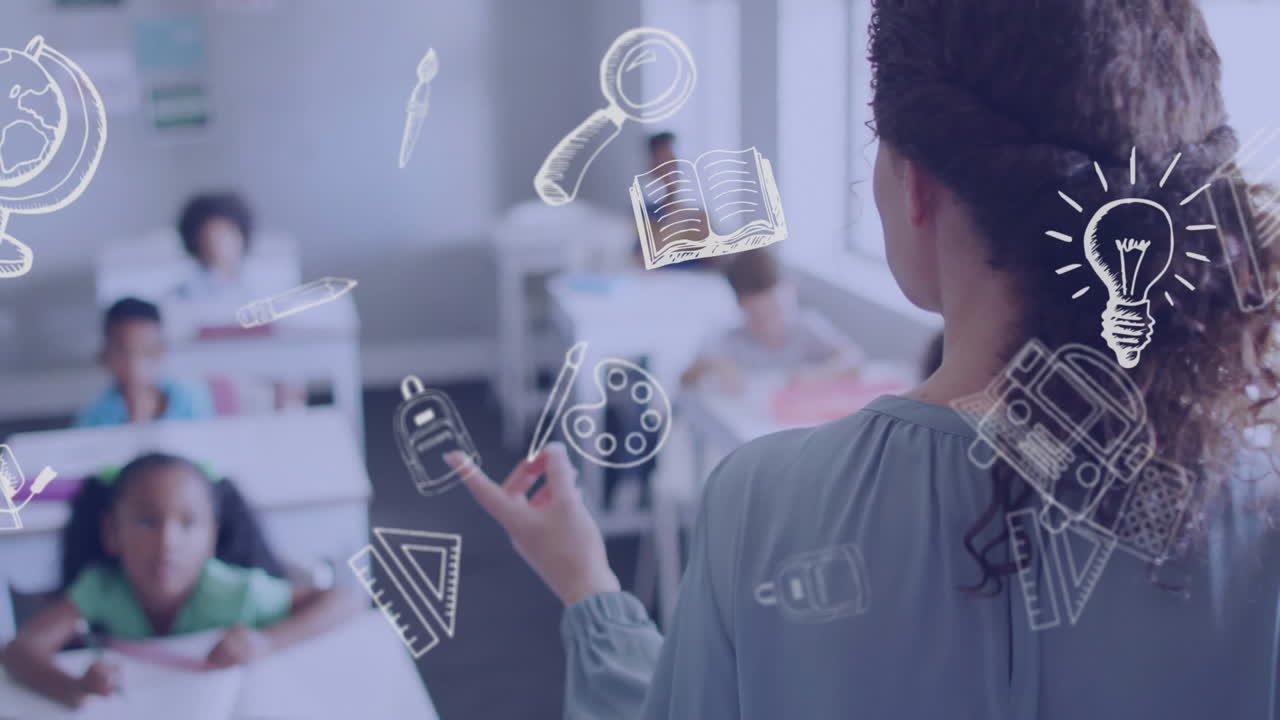 animación de iconos escolares sobre diversos escolares y maestras