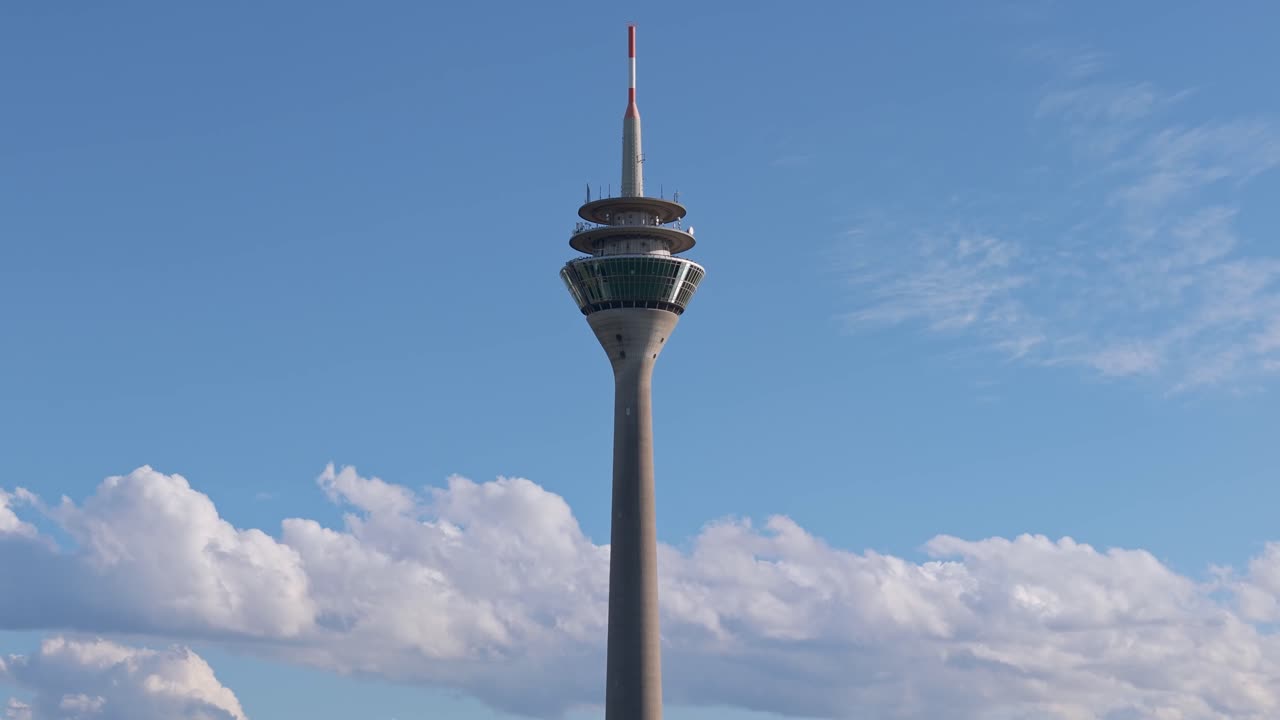 Aerial view of the Rhine Tower against a clear blue sky in D&uuml;sseldorf