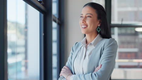 Business-woman,-window-and-arms-crossed