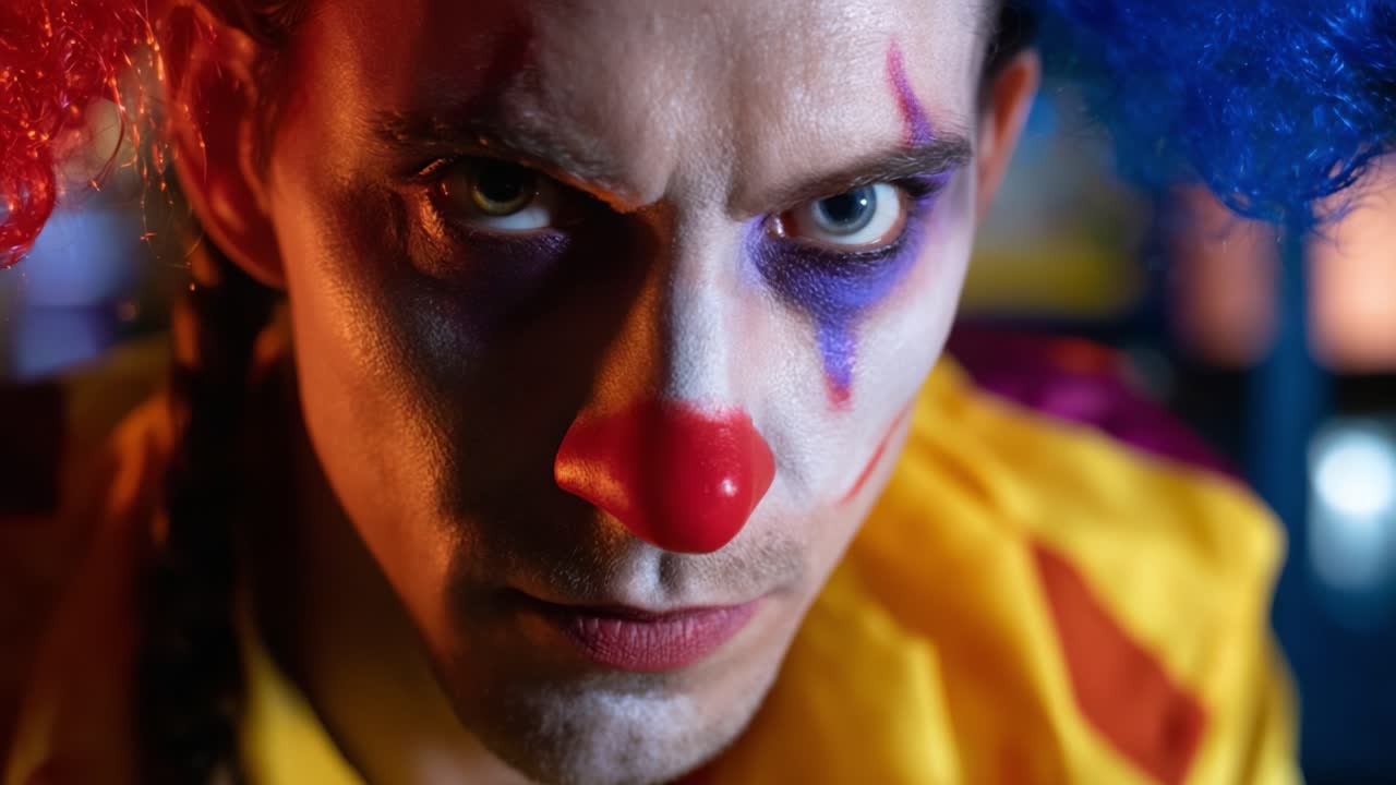 Intense Portrait of a Clown with Dramatic Makeup, Highlighting Emotion and Character Through Bold Colors, Expressions, and Unique Artistry in a Captivating Scene