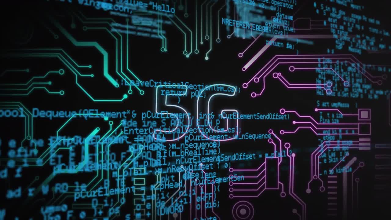 animazione del testo 5g e dell'elaborazione dei dati su scheda elettronica.