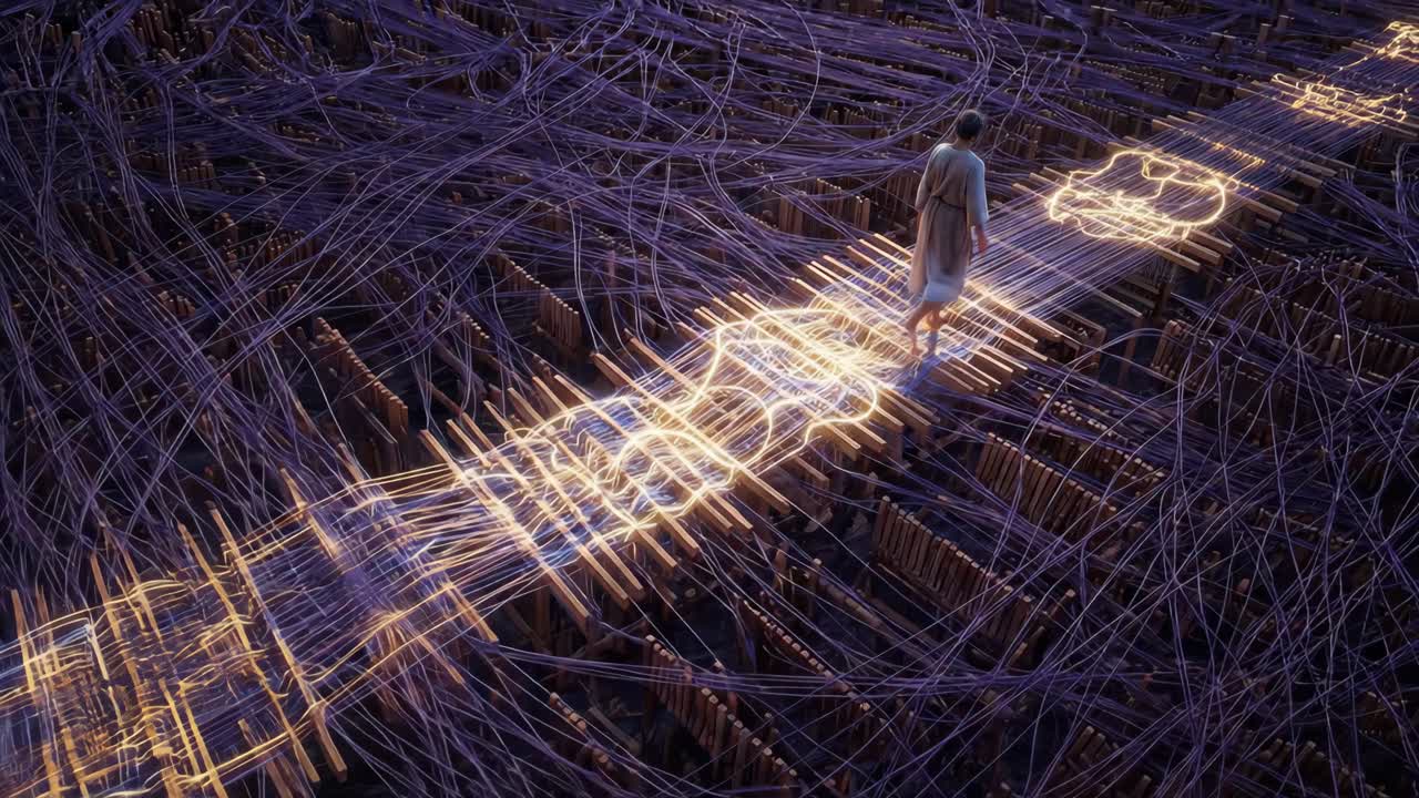Person Walking on a Glowing Digital Data Path in an Abstract Network