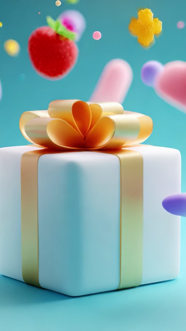 Una confezione regalo splendidamente incartata con un elegante fiocco, circondata da colorate forme fluttuanti, perfetta per celebrazioni e occasioni speciali, che evoca un senso di gioia e attesa per scoprire le sorprese