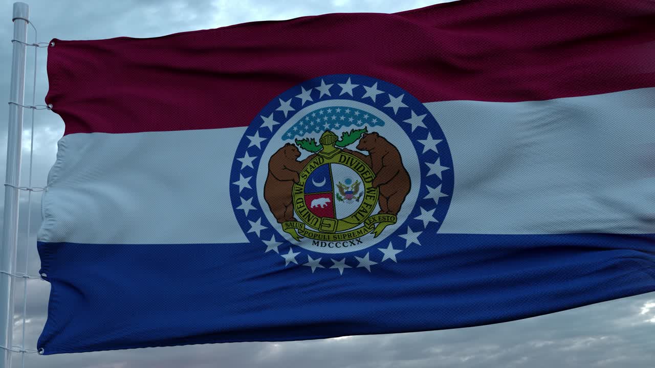 estados unidos y missouri bandera mixta ondeando en el viento. missouri y estados unidos bandera en el mástil