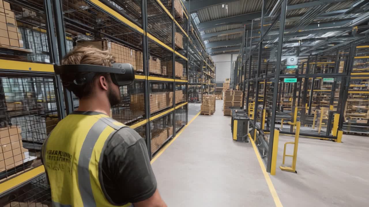 A Warehouse Worker Utilizes Virtual Reality Technology to Navigate an Efficient Stock Management System, Enhancing Productivity and Accuracy in Logistics and Inventory Handling Operations