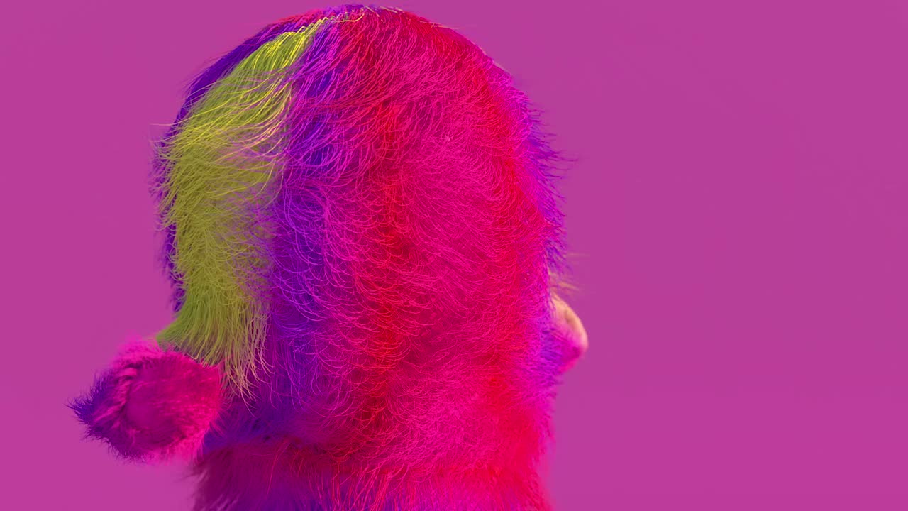 화려하고 다채로운 털이 많은 만화 캐릭터가 가까이에서 춤을 추고, 털이 은 동물, 재미있는, 털 은 마스코트 애니메이션, 현대적인 미니멀 디자인.