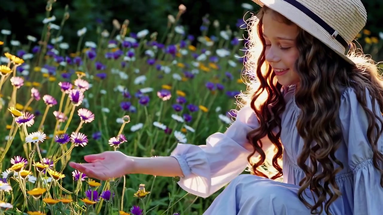Ragazza sorridente con un cappello di paglia tra i fiori selvatici durante l'ora d'oro