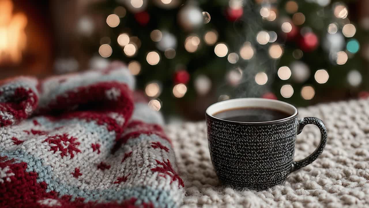 A Cozy Winter Scene: A Warm Cup of Coffee Surrounded by a Knitted Blanket and a Beautifully Decorated Christmas Tree in the Background