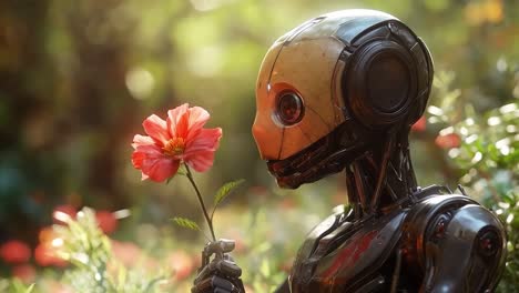 robot admiring a flower in a garden