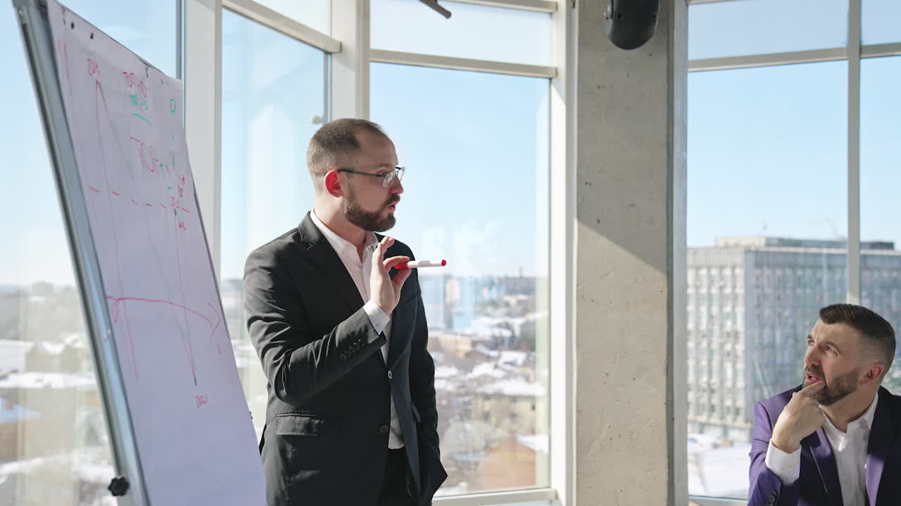 Business presentation in front of the teammates. Office team discussing the chart at the whiteboard. Team members make suggestions on agenda.