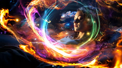 young woman in bed surrounded by colorful swirls of light at night