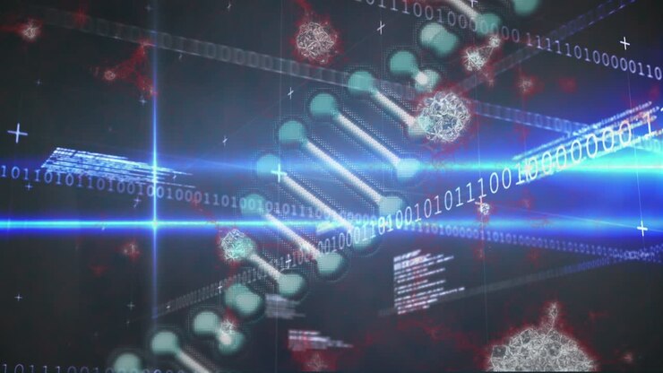 Animation of dna chain rotating over diverse data processing on black background with lights