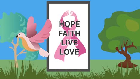 animation of pink ribbon logo and breast cancer text over trees and bird