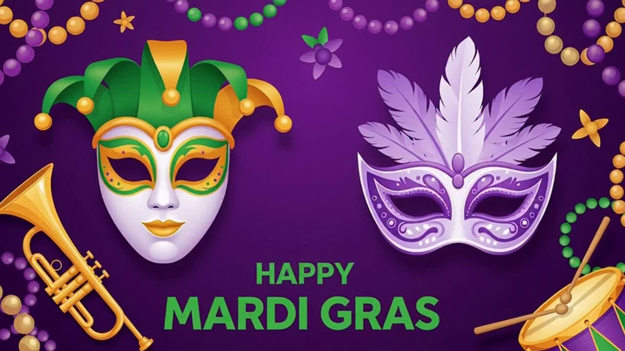 Happy Mardi Gras Celebration With Masks And Musical Instruments