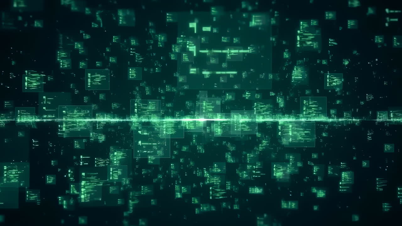 Green Code Blocks And Floating Data Tiles Streaming Across Depth, Cyber Data Center Vibe With Binary Textures
